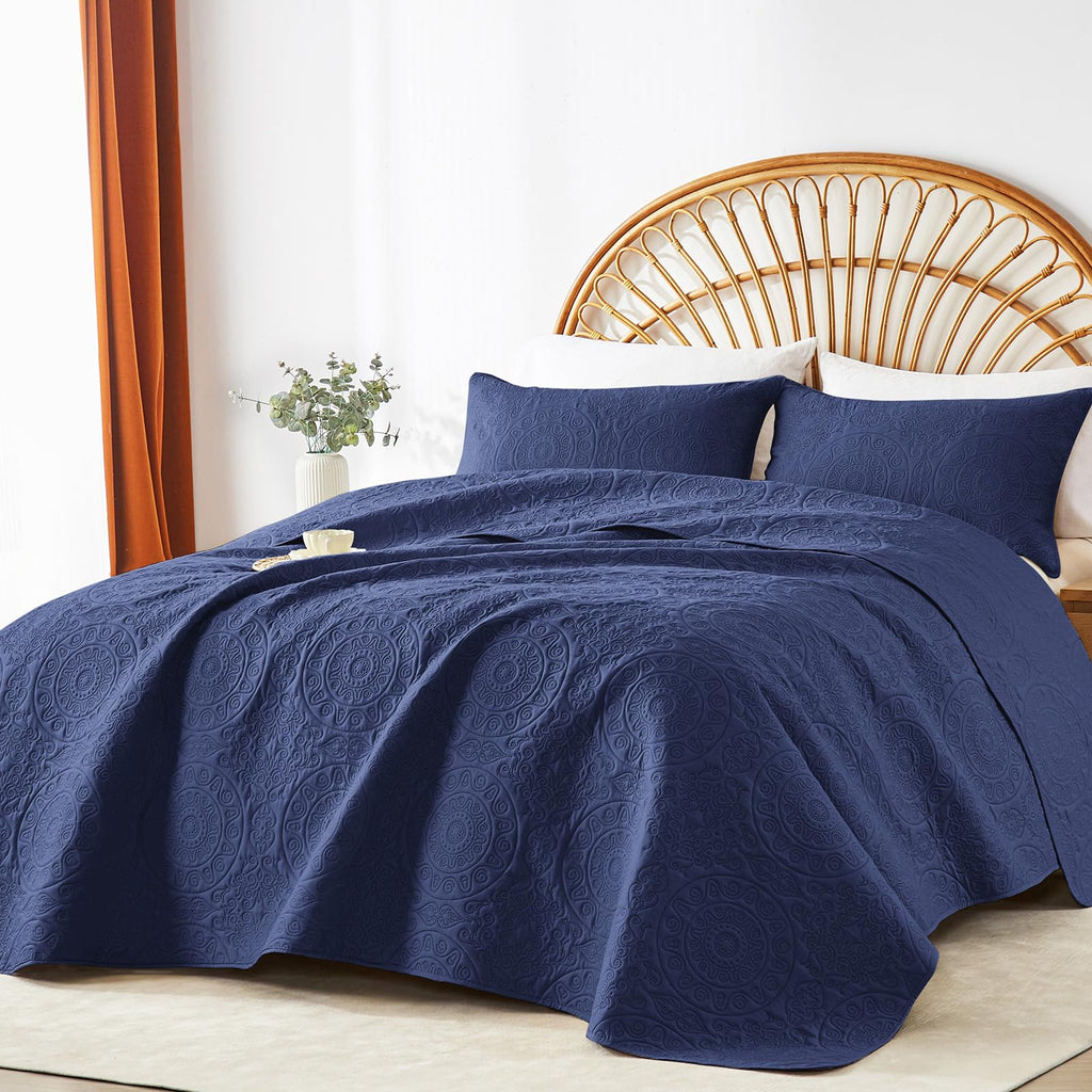 Navy Blue Quilt Set, Embossing Microfiber Bedspreads with Pillow Sham, Ligthweight Breathable Thin