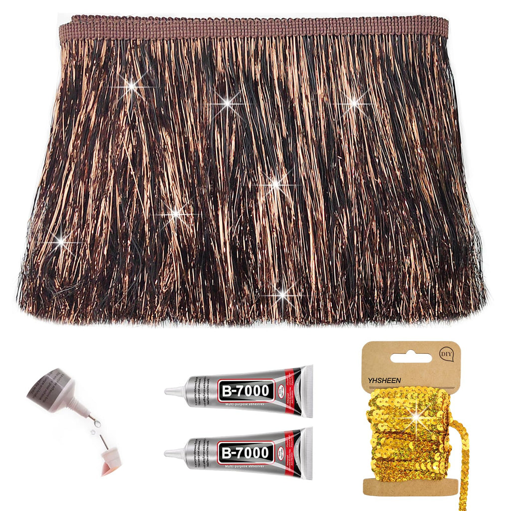 Brown Tinsel Fringe Trim, 5Yards X 5.9 Inch Metallic Fringe Trim with B7000 Glue for Karma Jacket Costume Crafts