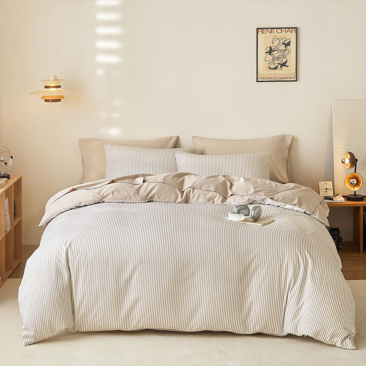 Striped Comforter Set with Sheets, Ticking Stripe Vertical Pinstripe Neutral Farmhouse Pattern Printed, 7 Pieces Bed