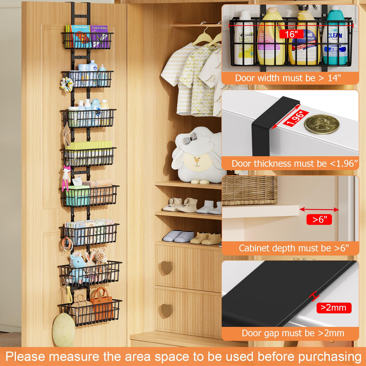 8 Tier Over The Door Organizer, Adjustable Hanging Door Organizer with 8 Wire Baskets 6 Hooks, Behind The Door