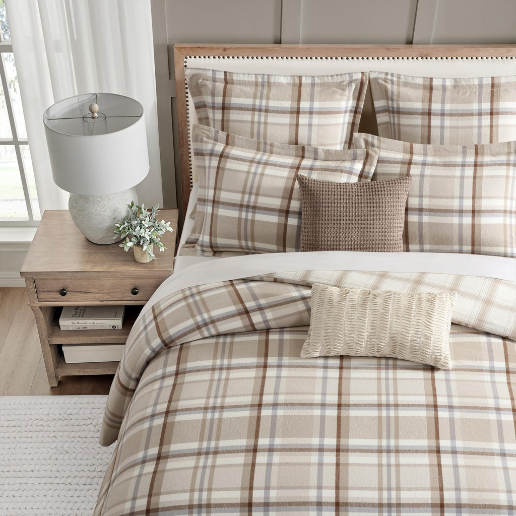Spencer Plaid Neutral - Comforter (90x94in.) + Two Standard Shams (20x26in.) - Plaid - Beige Tan Cream