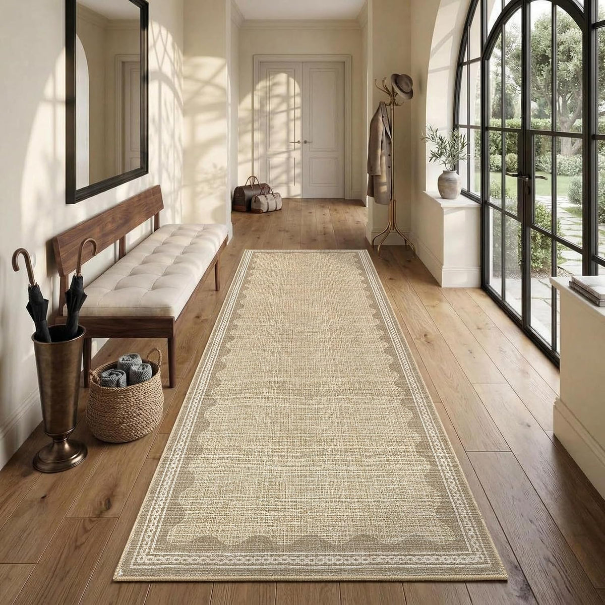 Runner Rug Washable Kitchen Rugs Non Slip Solid Tan Jute Digital Printing Modern Soft Low-Pile Scalloped Indoor