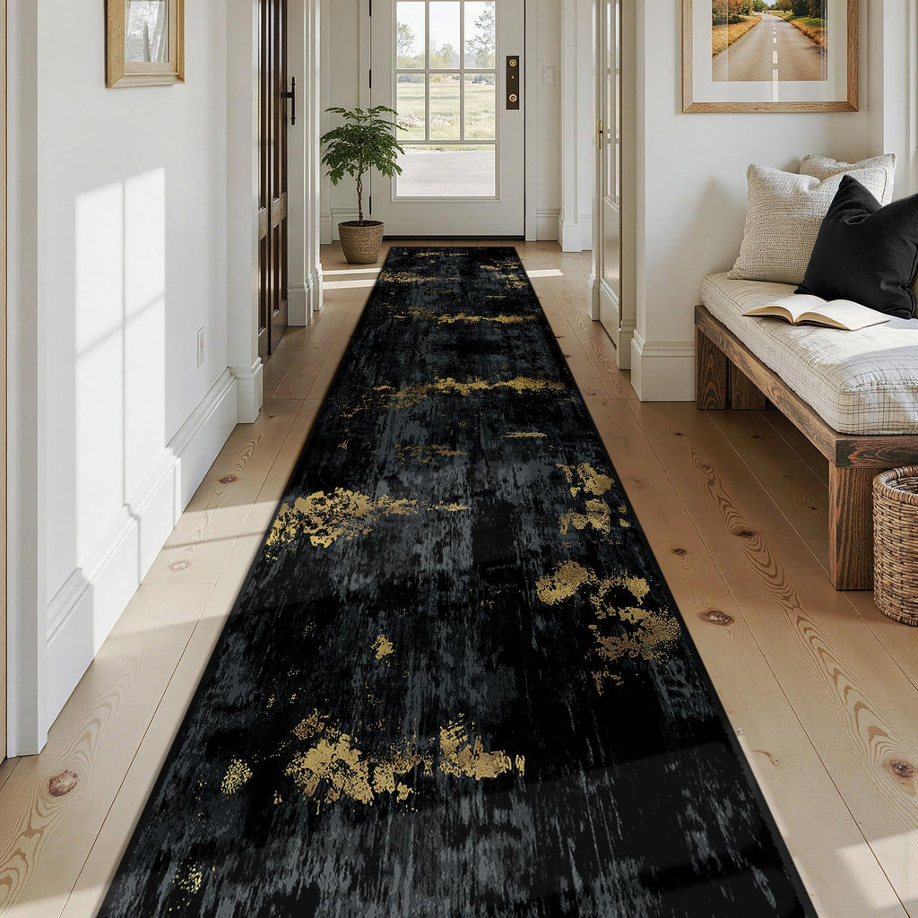Washable Runner 2'6"x14' Abstract Area Rug Black Gold