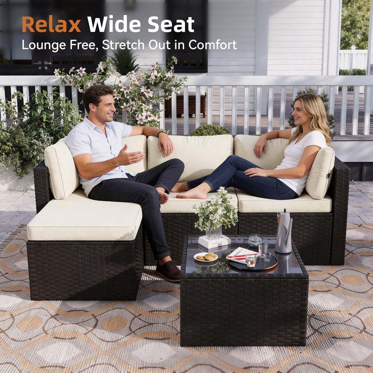 Patio Furniture Set 5-Piece, Outdoor Sectional Sofas with Washable Cushion, Wicker Rattan Patio Conversation Sets for