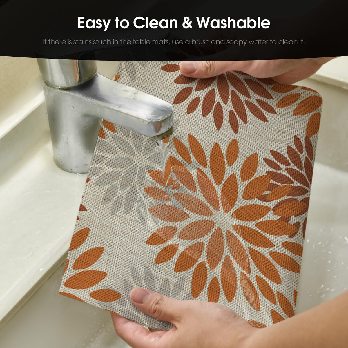 Floral Vinyl Placemats Set of 6, Heat Resistant Washable Non-Slip Plistic PVC Place Mats for Fall Thanksgiving Party