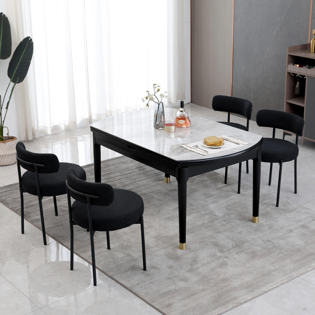 Boucle Set of 4, Upholstered Dining Room Chairs Black