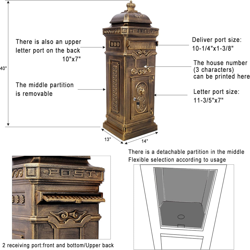 Copper Mailbox, Large Lockable Package Drop Box with Roman Statue, Rustproof Cast Aluminum Mail Boxes Mount Design (2)