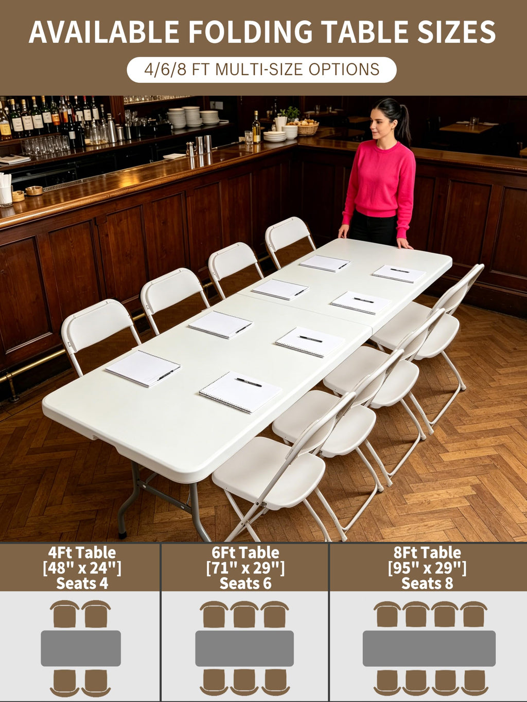 8ft Folding Table, Heavy Duty White Large Portable Foldable Table