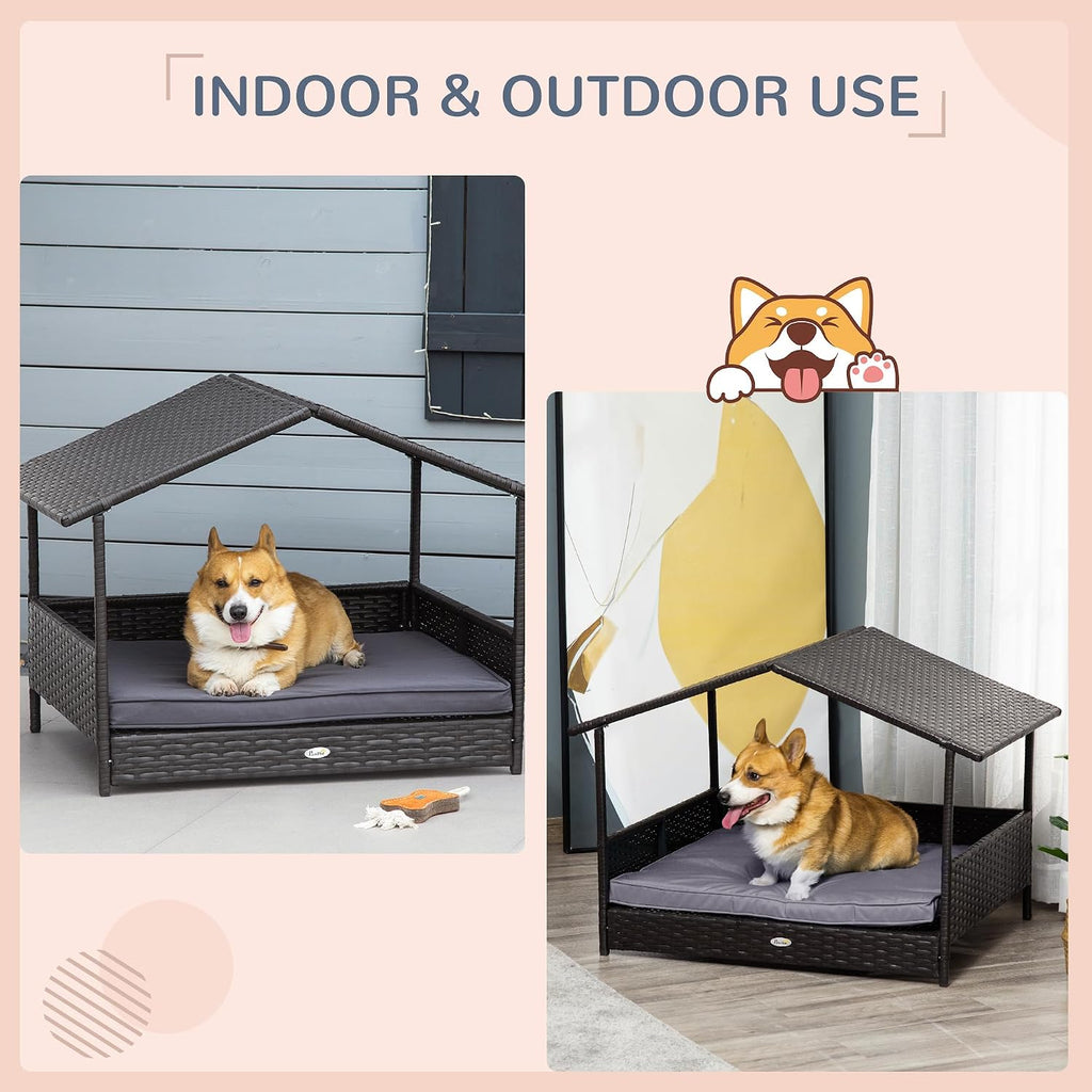 Wicker Dog House Outdoor with Canopy, Rattan Dog Bed with Water-Resistant Cushion, Raised Dog Bed for Small, Medium