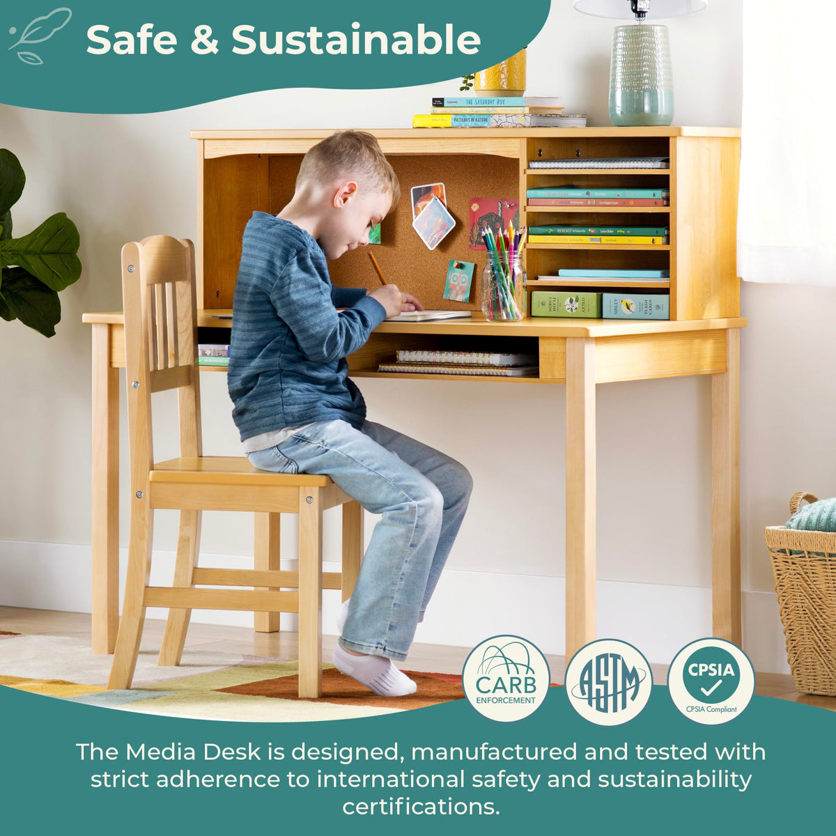 Children's Media Desk and Chair Set - Pink: Student's Study Computer Workstation with Hutch and Shelves, Wooden Kids