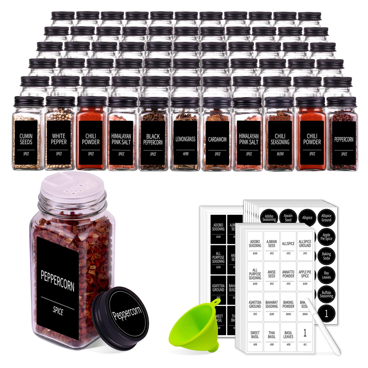 66 Pack Glass Spice Jars with Labels, 4oz Spice Containers