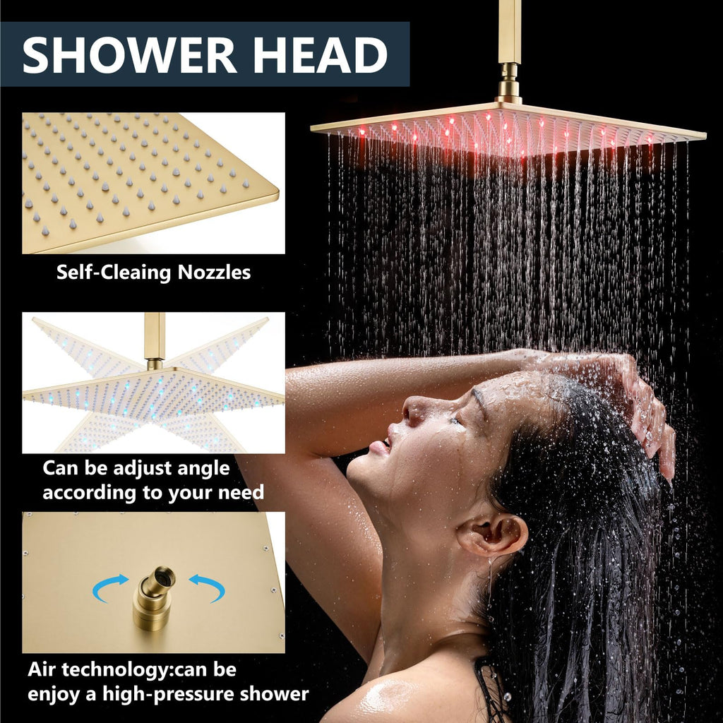 Ceiling Shower Faucet Set with Handheld 16" LED Head Brushed Gold