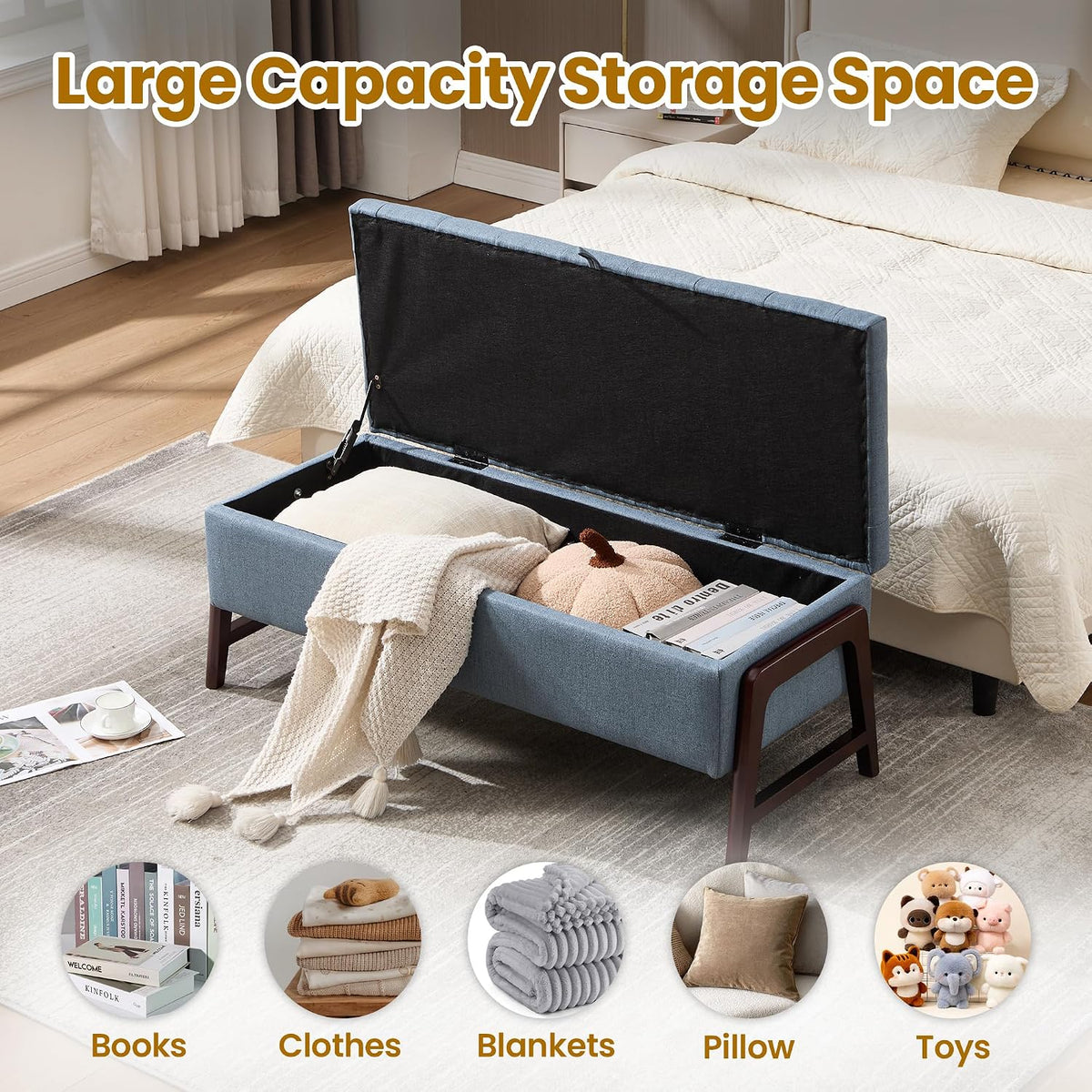 48" Storage Bench, End of Bed Bench with Button-Tufted, Upholstered Storage Ottoman Bench with Wooden Legs, Fabric