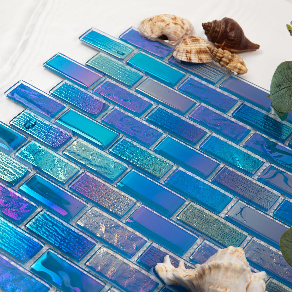 Pool Tile, Glass Backsplash Tiles Iridescent Blue 1x2 Inch Brick, 5 Sheets