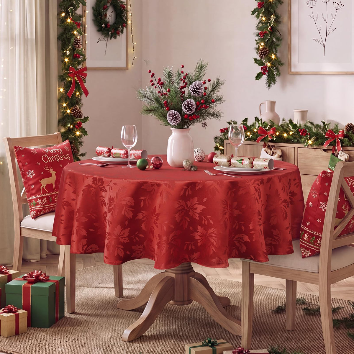 Christmas Jacquard Round Tablecloth 70 Inch, Red