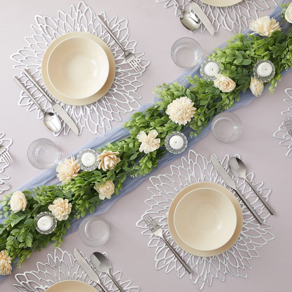 10 Pack Silver Metallic Vinyl Placemats - 14.4" x 14.4" Round Table Mats and Chargers with Leaf Design for Elegant
