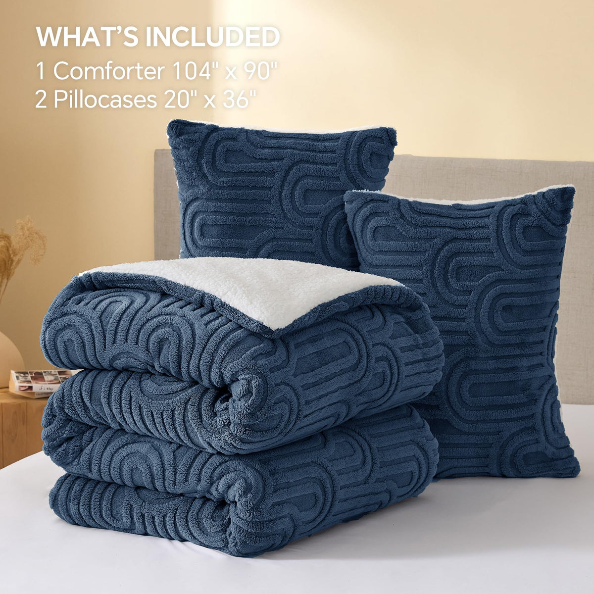 Arch Sherpa Comforter Set, Warm & Fluffy Bed Set, Navy