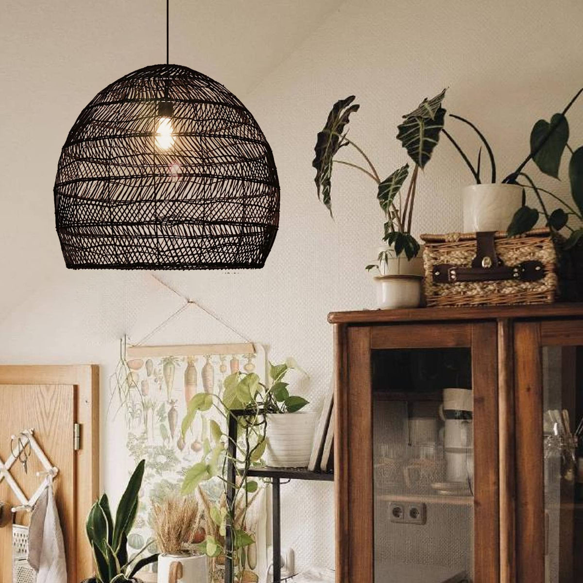 17.6" Black Kitchen Island Pendant Light, Rattan Shades Handmade Hanging Light Ceiling Light, Foyer