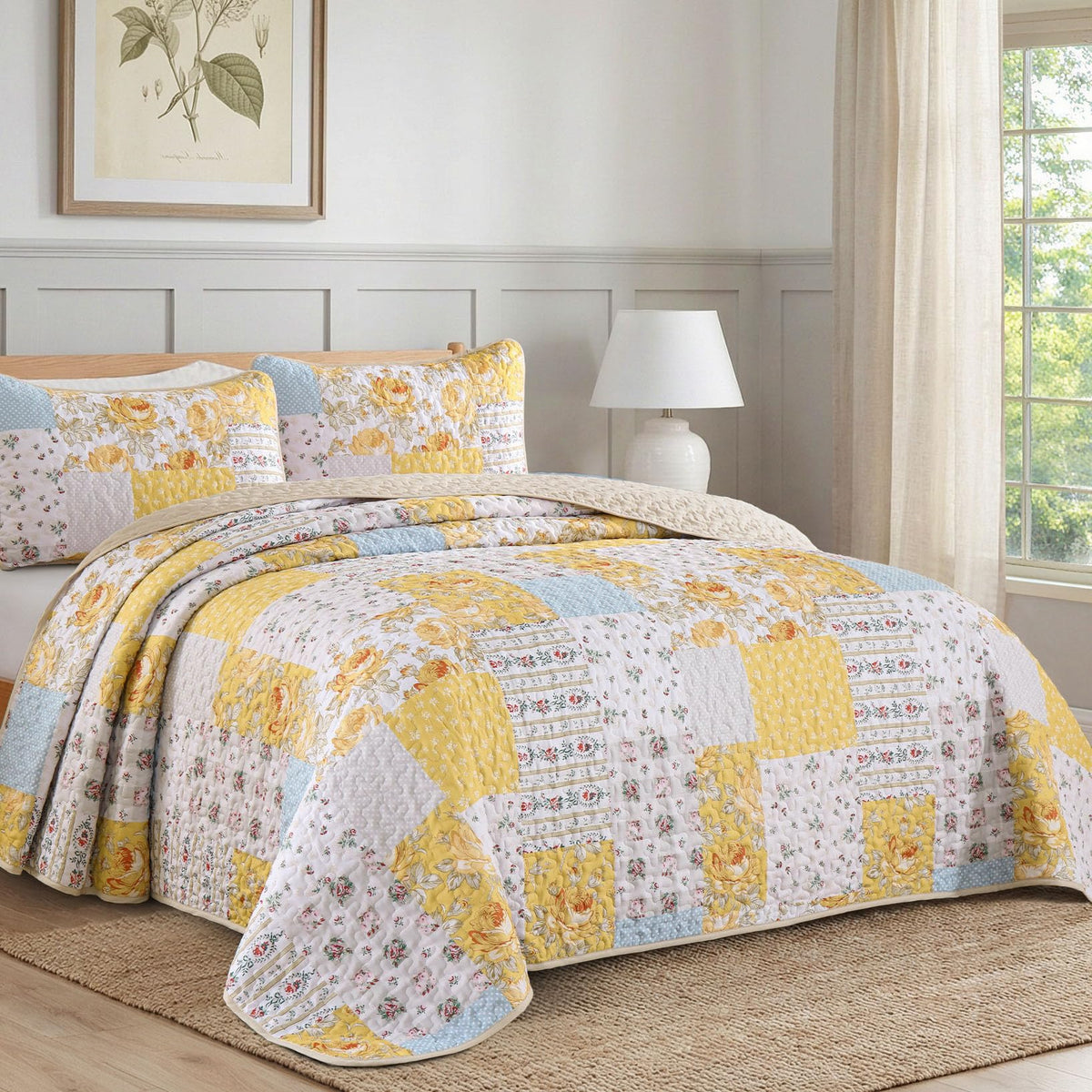 Yellow Patchwork Quilt Set, Rose Floral Plaid Bedspread