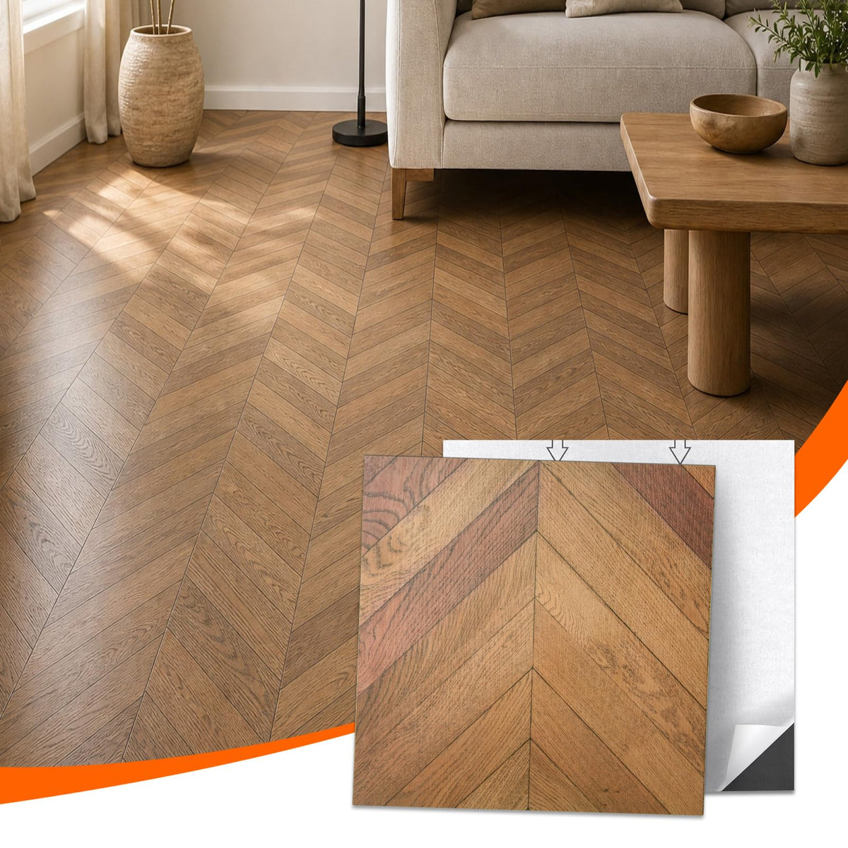 30-Pack Peel and Stick Floor Tiles (30 Sq.Ft), Herringbone Brown
