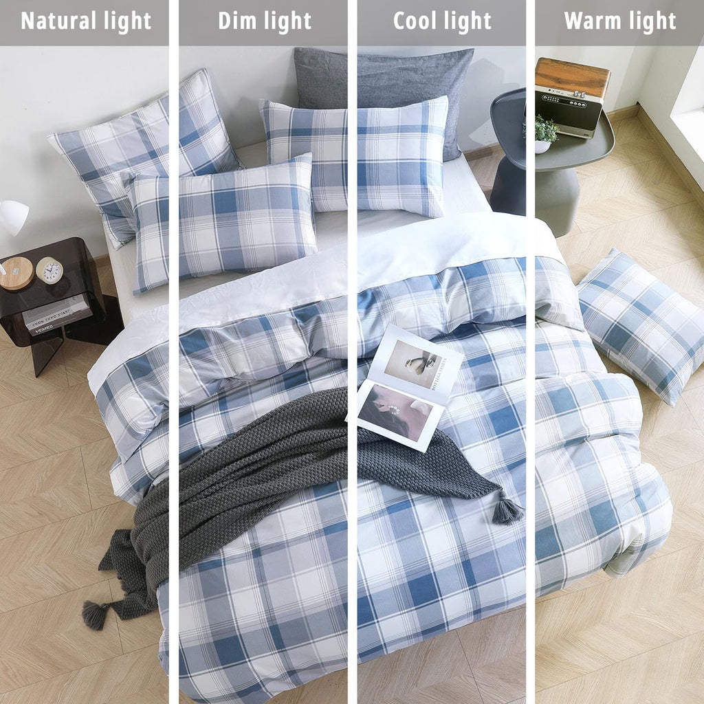 Modern Denim Blue Gray Plaid Cotton Comforter Set 3PC