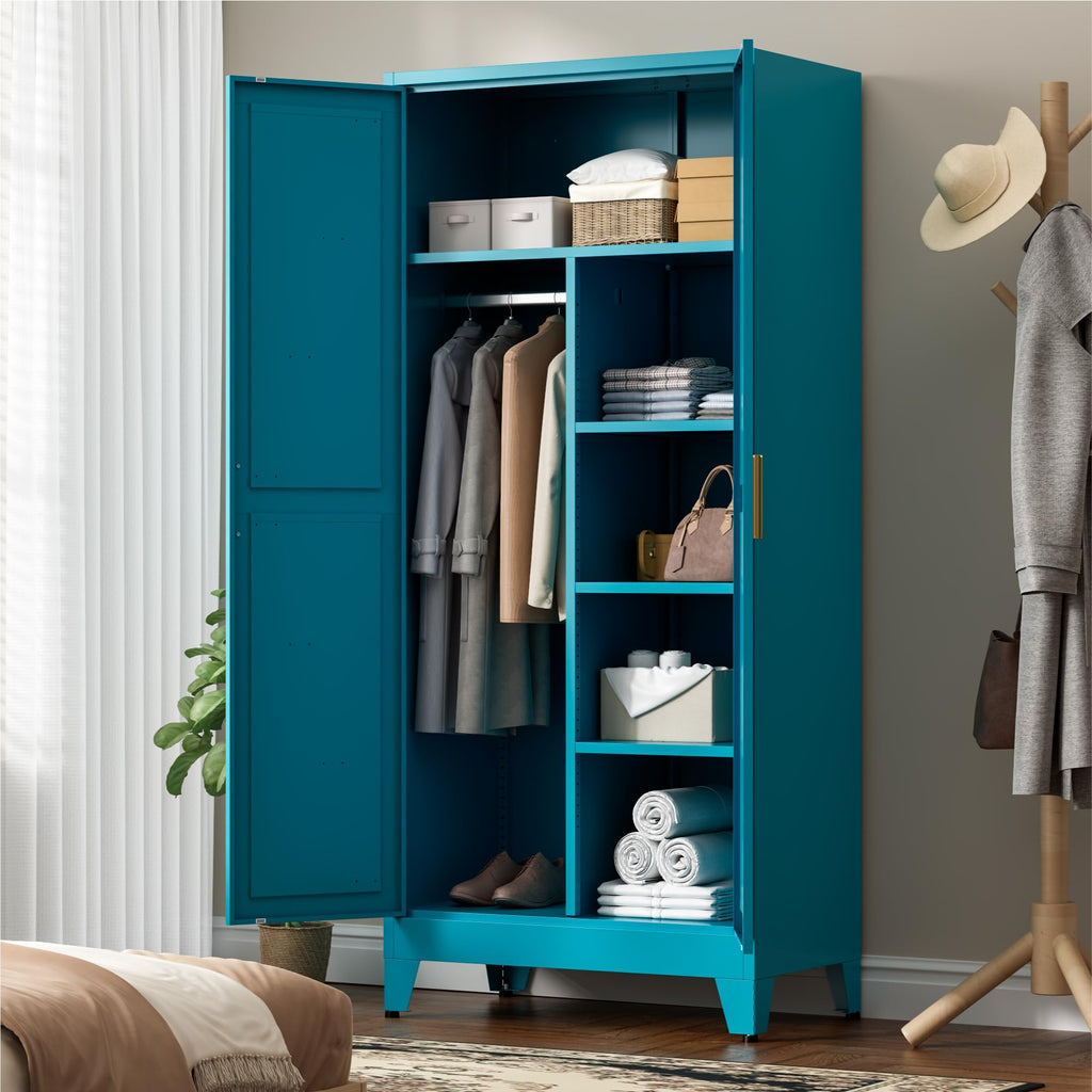 71" Tall Metal Wardrobe Closet with Adjustable Shelves and Hanging Rod, 2 Doors Office Storage Locker Cabinet
