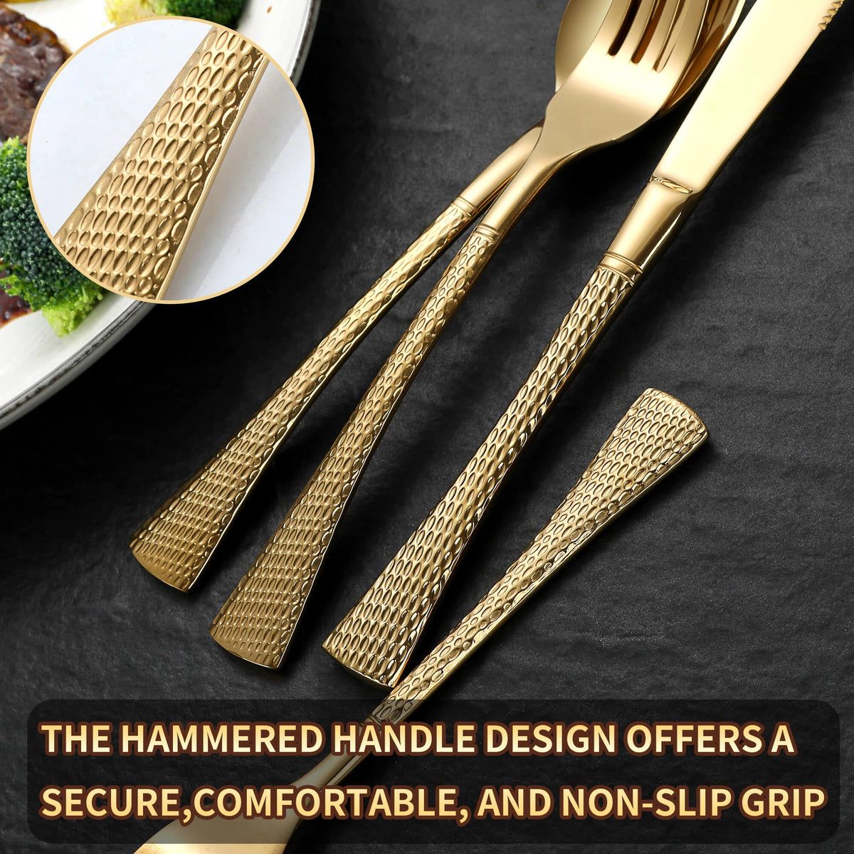 Hammered Gold Silverware Set for 8,Stainless Steel 40-Piece Modern Cutlery Set,Mirror Polished Heavy Duty Flatware