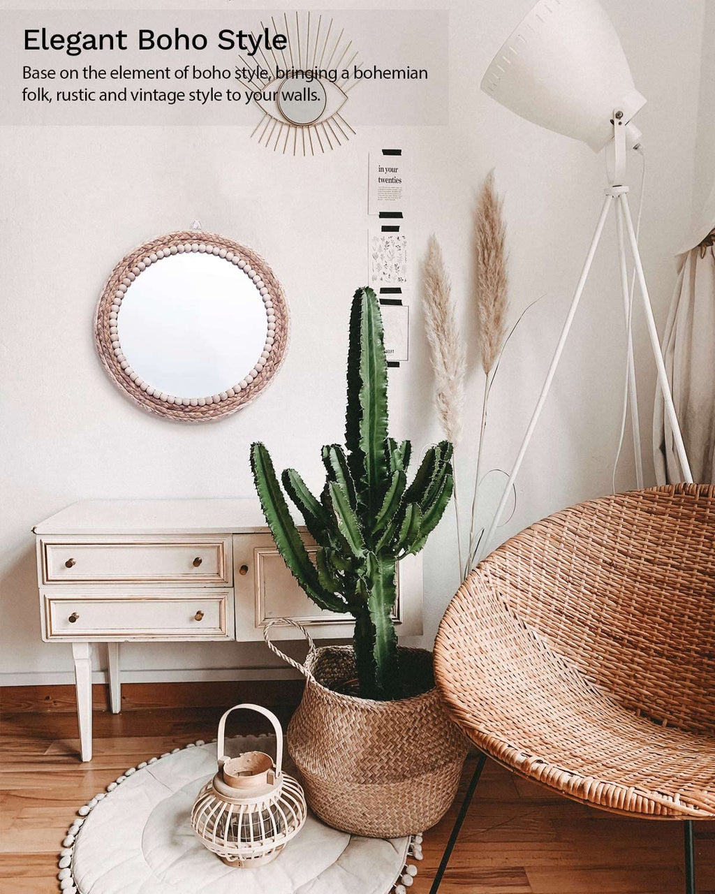Boho Wall Mounted Round Mirror - 15 Inch Circle Rattan Decorative Hanging Mirror