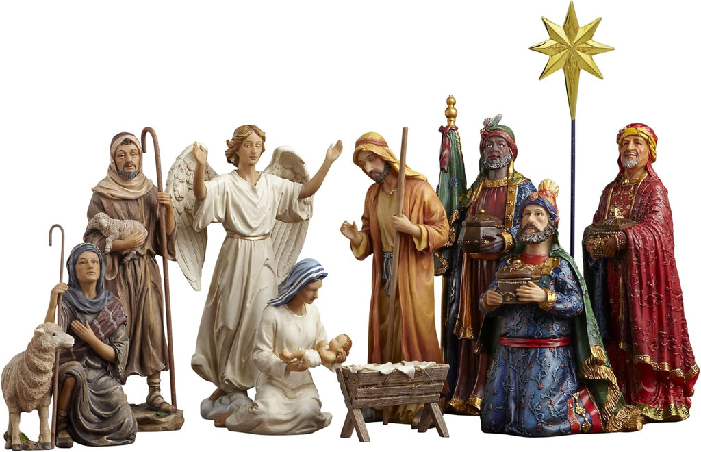 Kings Gifts 11-Piece Real Gold Christmas Nativity Scene Set, 10-Inch Scale Polystone Holy Family, Magi Wise Men