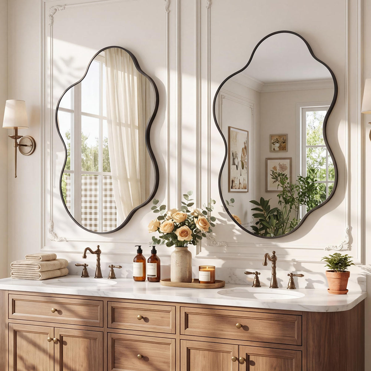 36''x22'' Asymmetrical Mirror with Wood Frame, Small Irregular Wavy Wall Mirror, Odd Shaped Mid Century Modern Mirror