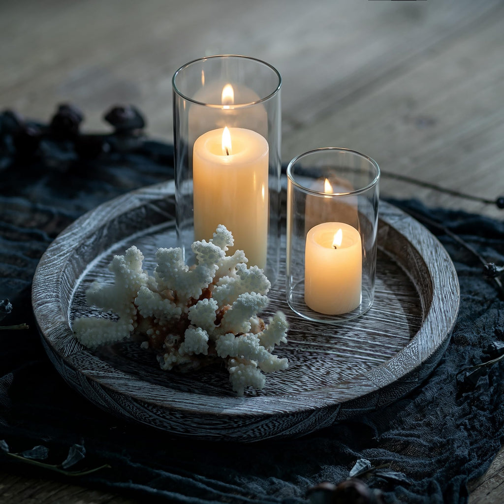 Round Wood Candle Holder Tray, Rustic Coffee Table Centerpiece Decor