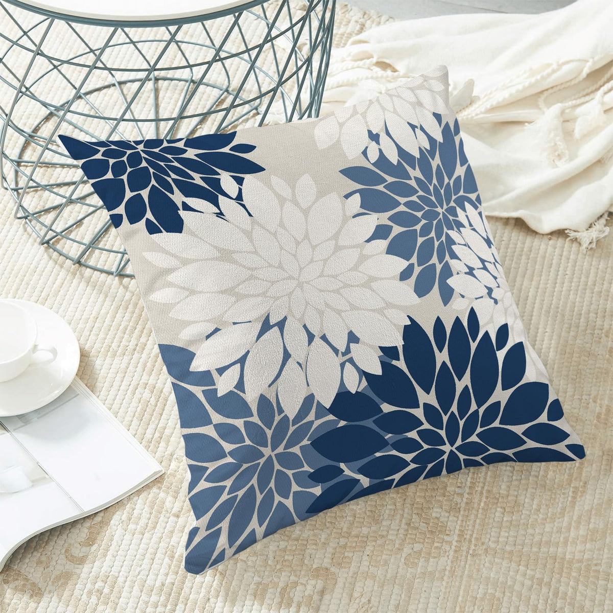 Navy Blue White Summer Outdoor Pillow Covers 24x24 Inch Set of 2 Dusty Blue Dahlia Floral Decor Throw Pillows Modern