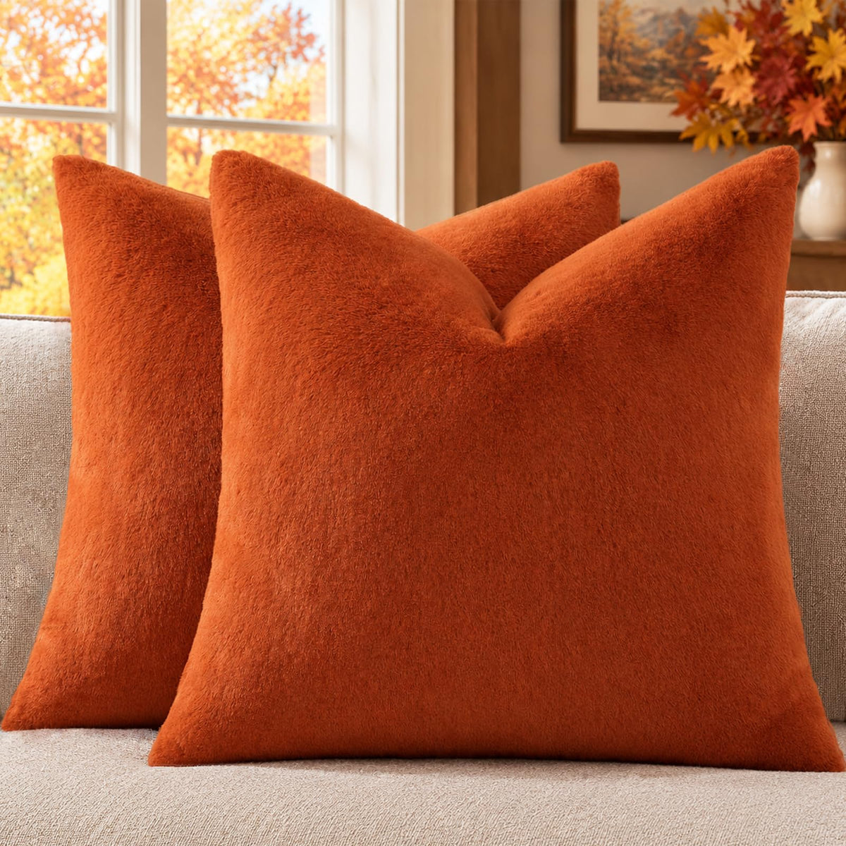 Faux Fur Fall Decorative Throw Pillow Covers 24x24 Set of 2, Rust