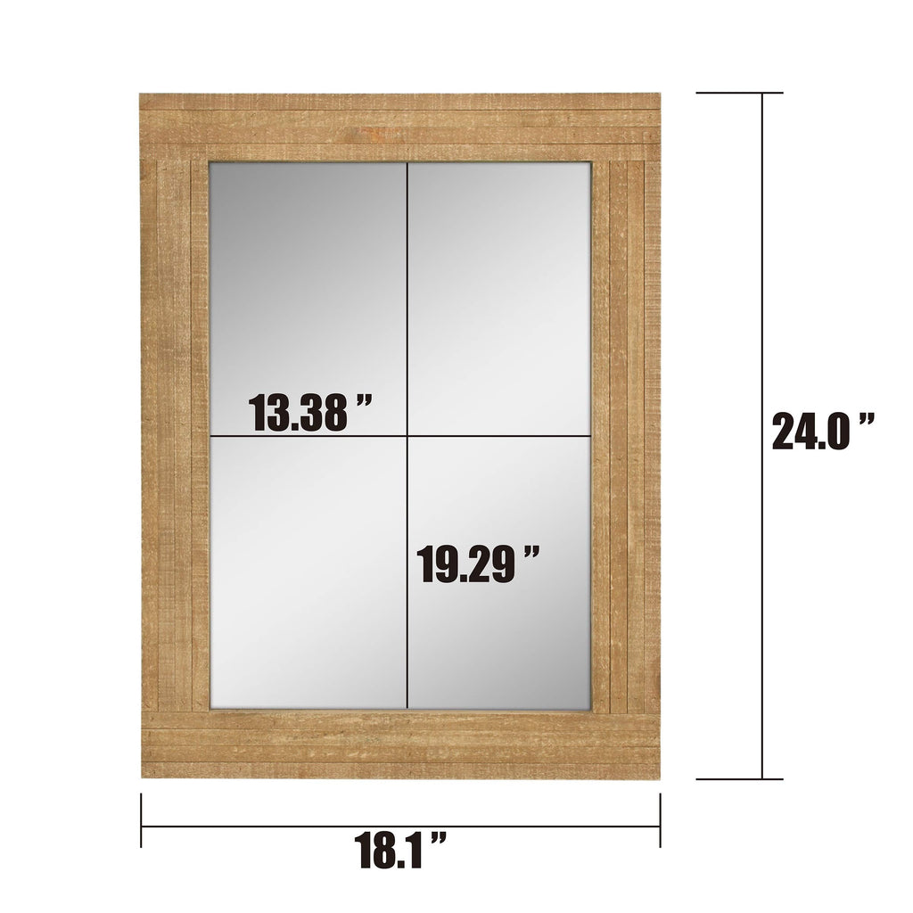 24" x 18" Rectangle Natural Wood Frame Wall Mirror with Attached Hanging Brackets, Decorative Country Rustic Decor