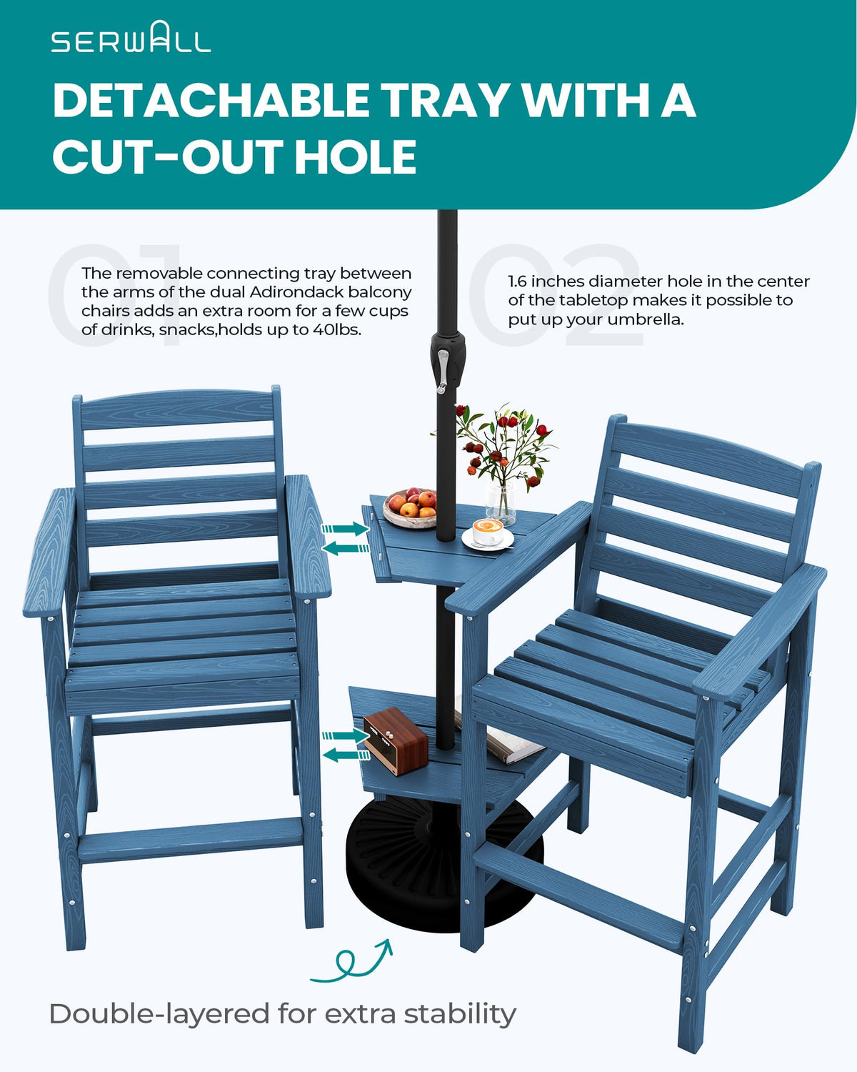 Tall Adirondack Chairs Set of 2, Outdoor Bar Height Barstools Chair Set for Bistro, Poolside, Garden, Blue (2 Pcs