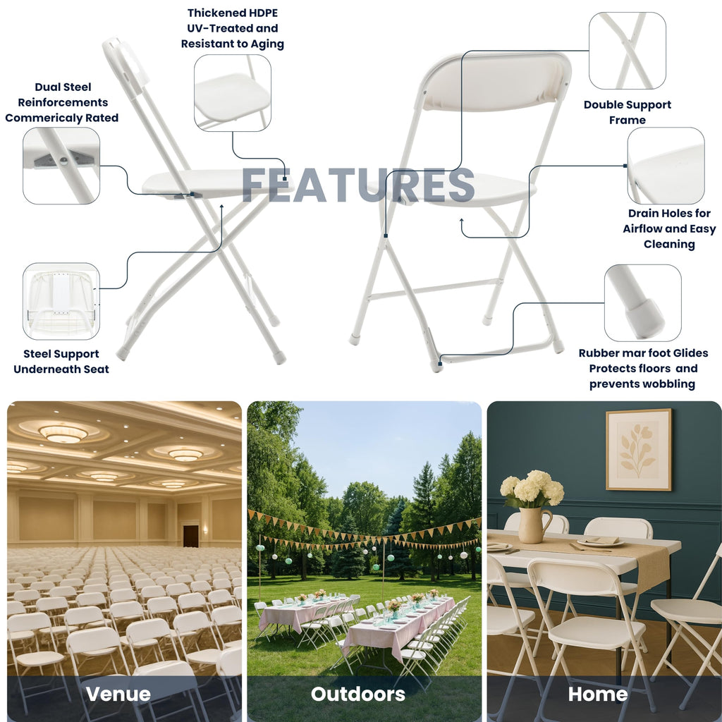 White Plastic Folding Chair Steel Frame Commercial High Capacity Event Chair Lightweight Set Wedding Party Picnic