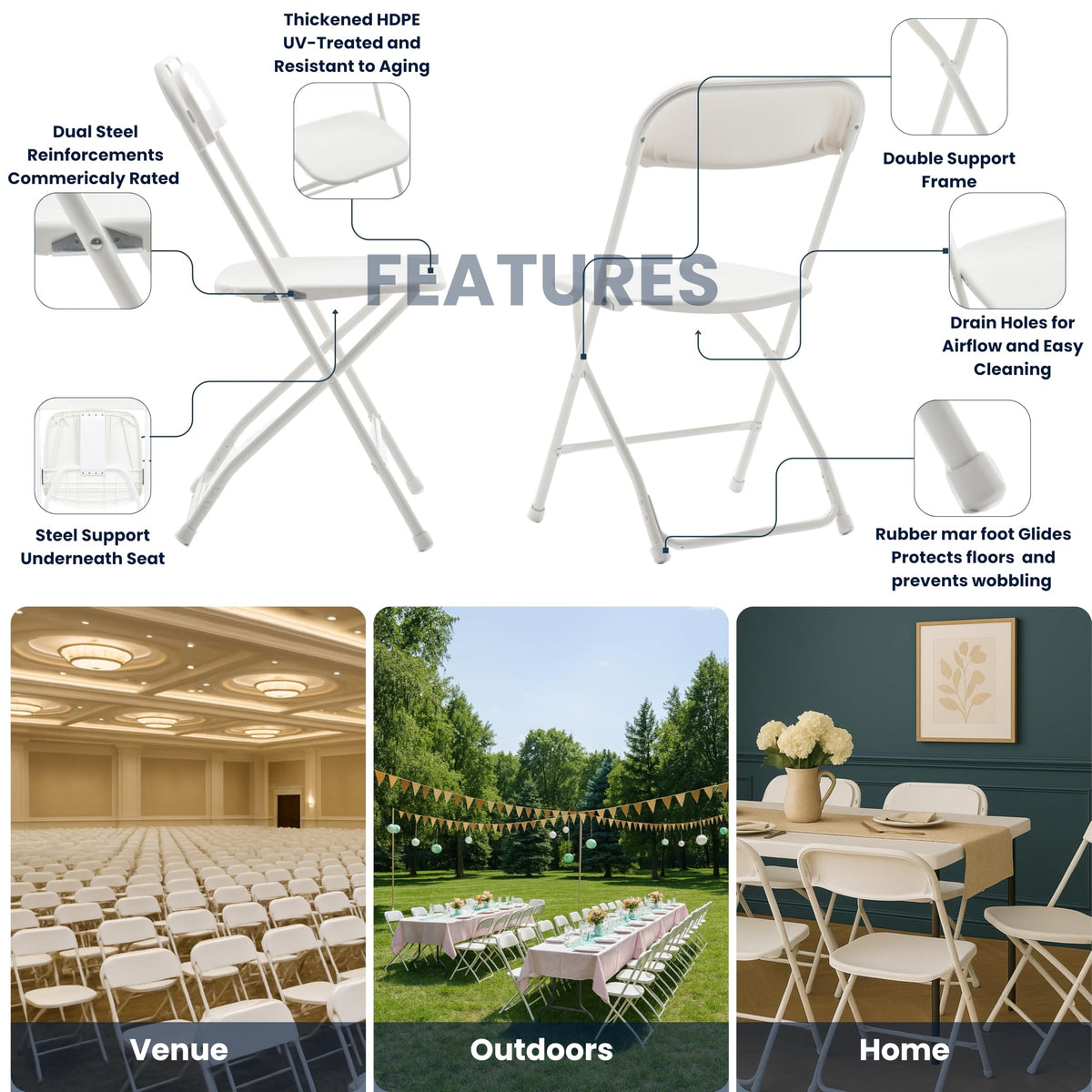 White Plastic Folding Chair Steel Frame Commercial High Capacity Event Chair Lightweight Set Wedding Party Picnic