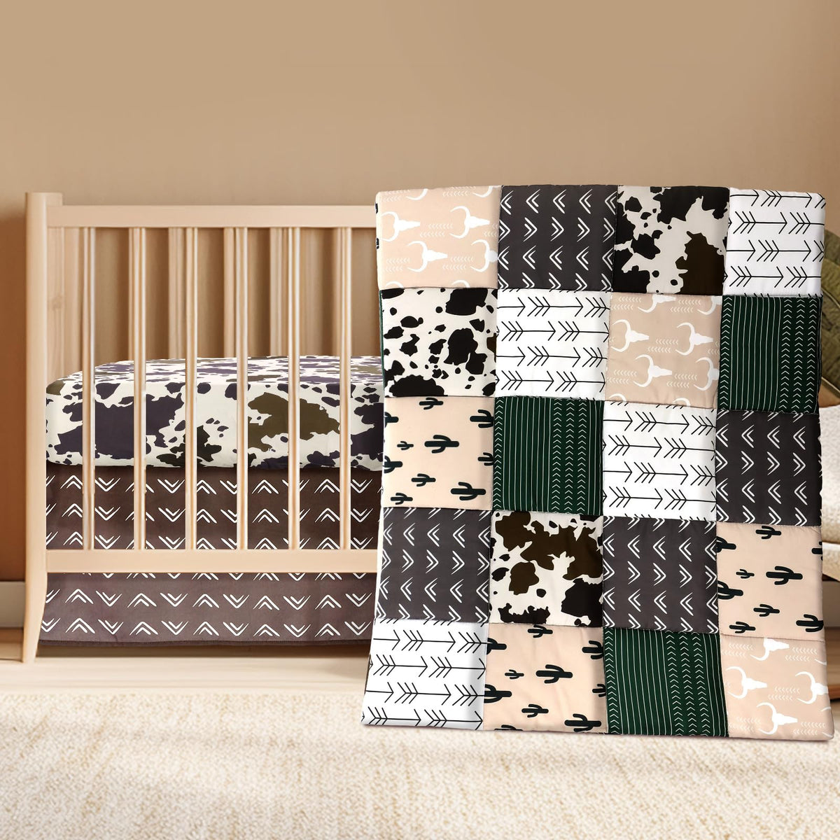 3 Piece Patchwork Western Cowboy Crib Bedding Set for Baby Boys
