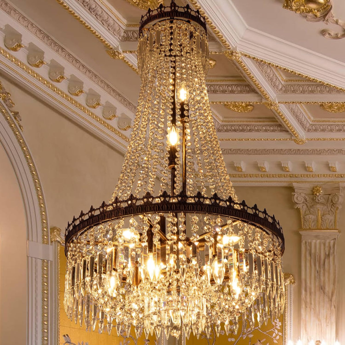 9-Light Rustic French Empire Crystal Chandelier, Country-Elegant Dining Fixture