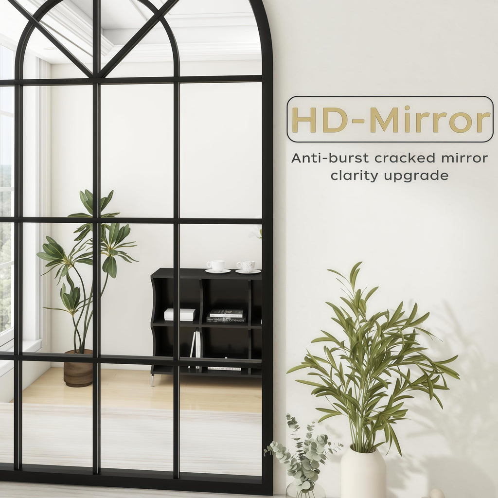 Arched Wall Mirror, 42"x30" Metal Frame Windowpane Mirror, Black