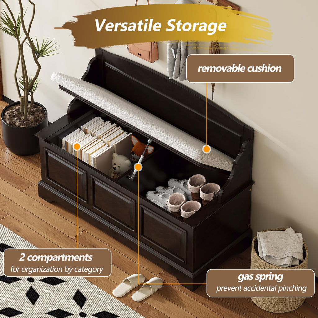 Farmhouse Storage Bench, Wood Entryway Storage Bench Shoe Bench with Removable Cushion