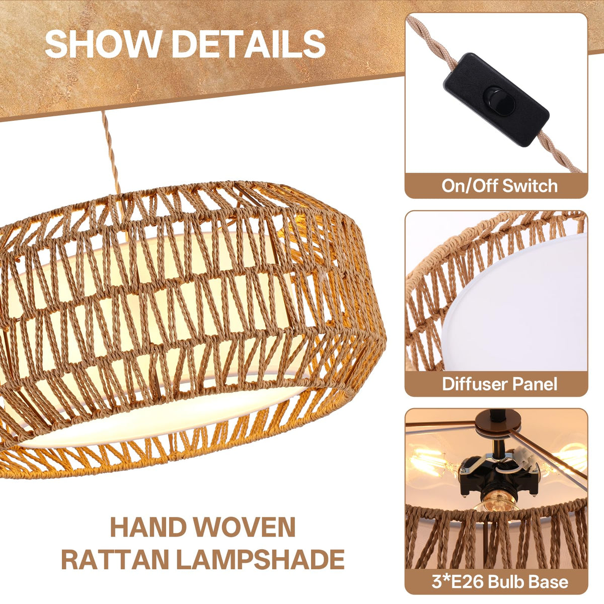 18 Inch Plug in Pendant Light, Boho Hanging Lamp with 15.7FT Light Cord