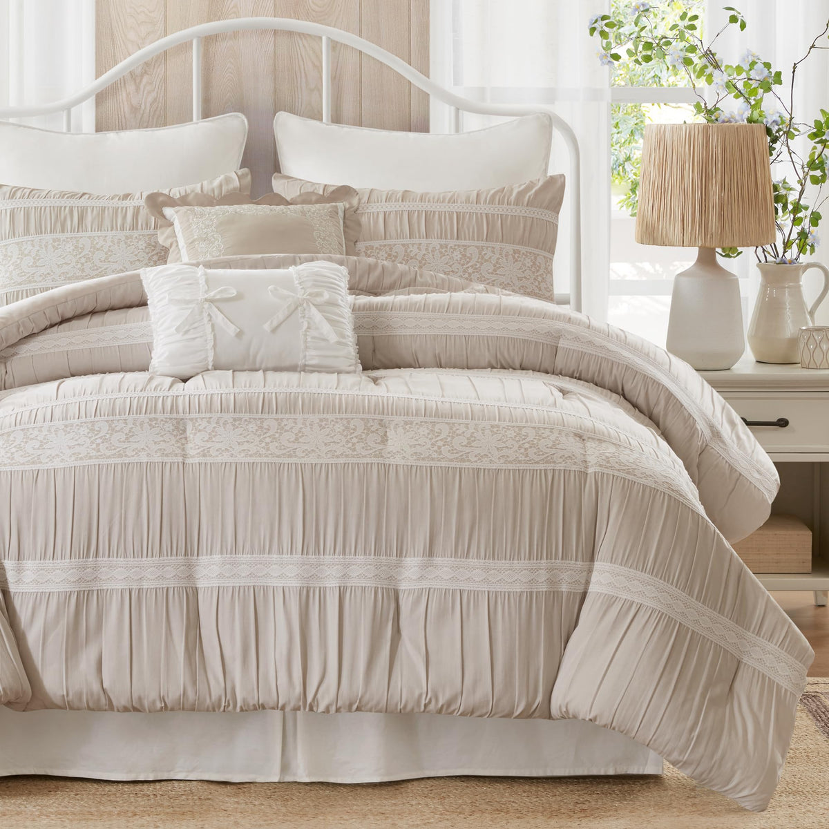 Park 5-Piece Farmhouse Comforter Set with Ruching & Lace Trim, Soft Chambray Bedding, Includes Comforter and 2