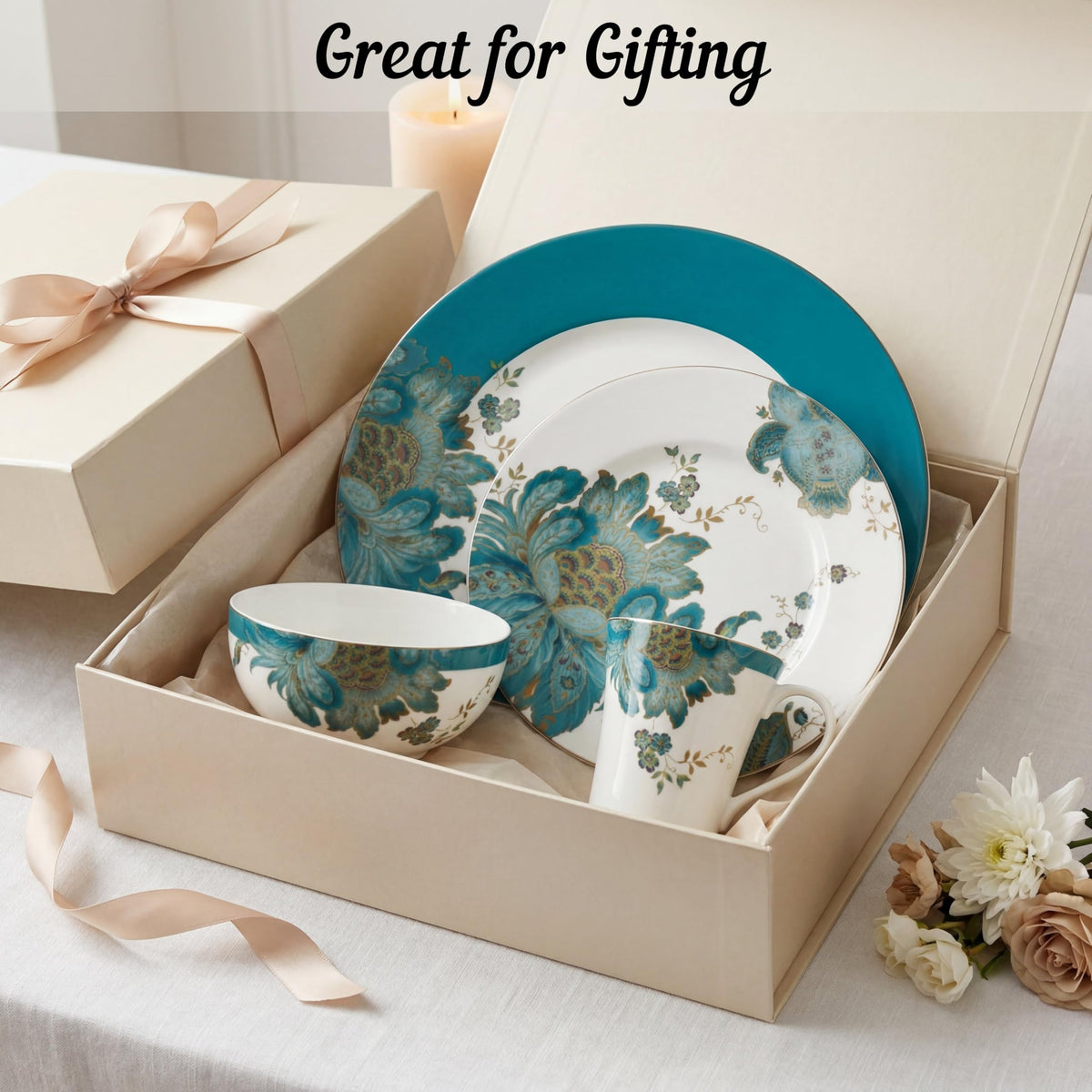16-Piece Porcelain Dinnerware Set for 4, Elegant Floral Plates and Bowls Sets-White, Teal, Gold Ceramic Dishes, Chip