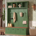 55" Farmhouse Hall Tree with Black Hooks & Walnut Bench, Green