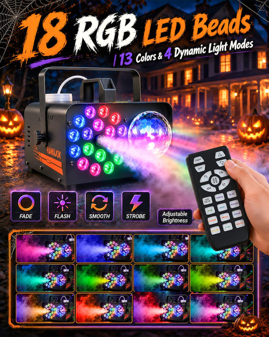 Fog Machine, Output Smoke Machine with Disco Ball Lights, 18 Color LED Effects, Wireless Remote