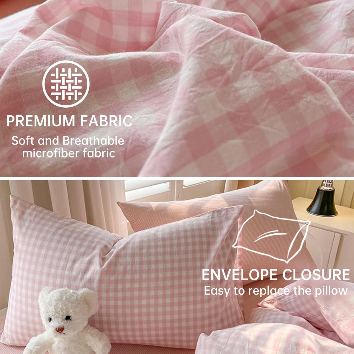 Pink Gingham Duvet Cover Set, Plaid Checkerd Bedding Set