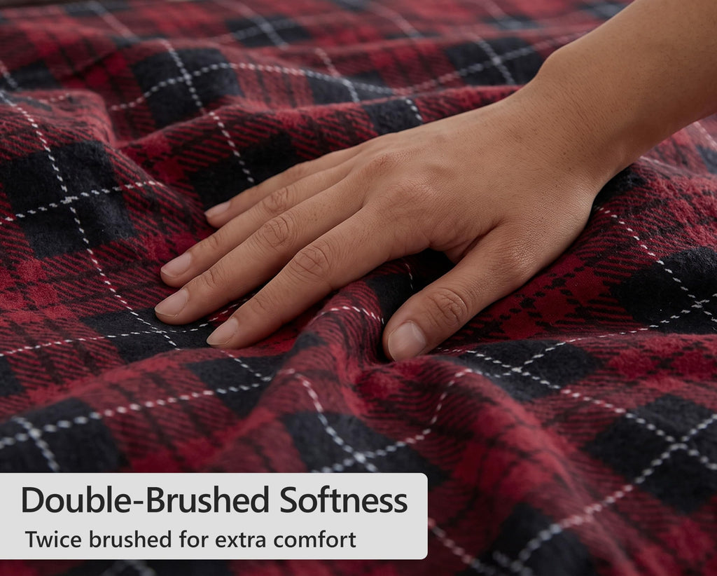 100% Cotton Flannel Sheets, 4 PCs, Red Buffalo Check