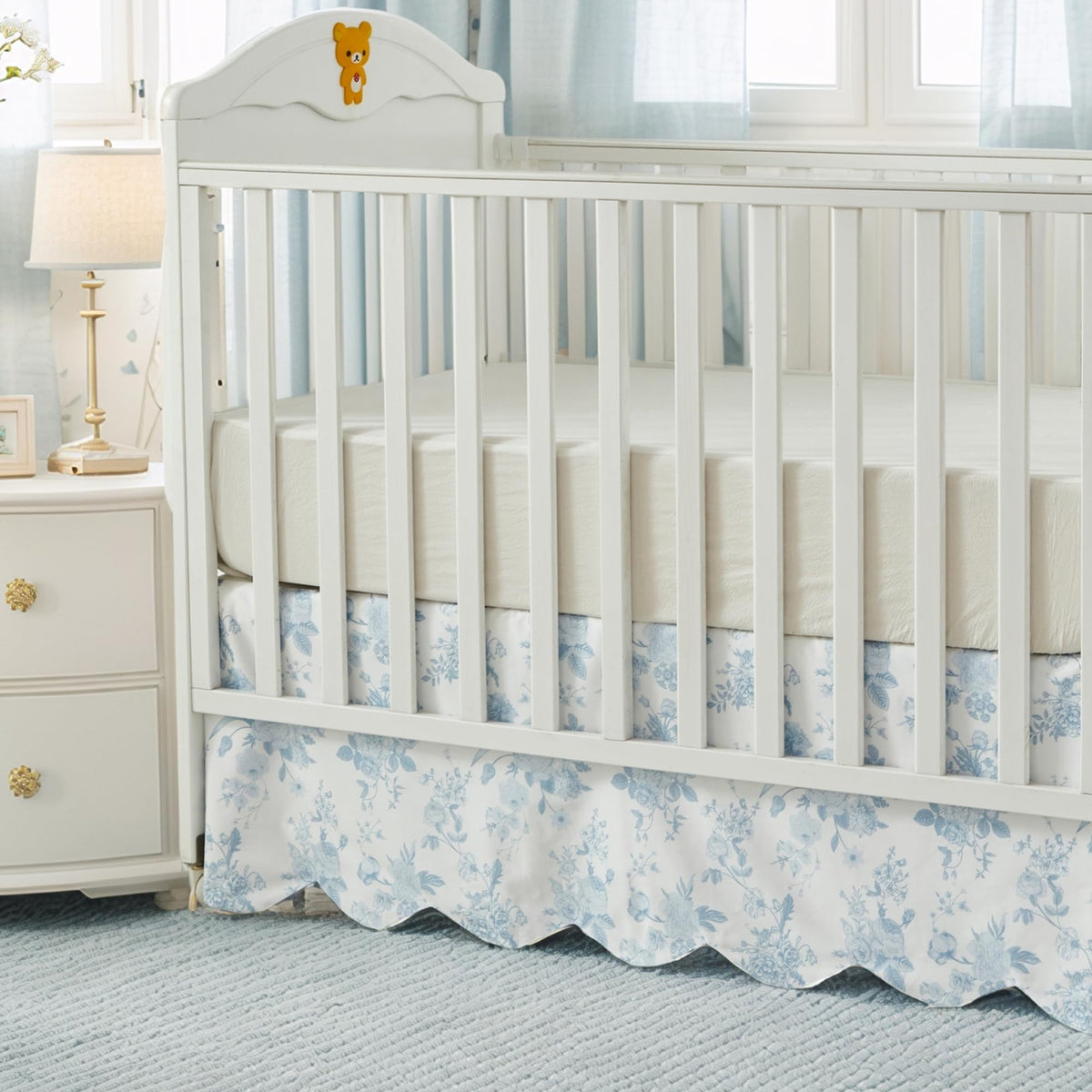 Scallop Edge Cotton Crib Skirt, Baby Girl, French Country Blue Toile Crib Skirt Toddler Bedskirt Farmhouse Chic