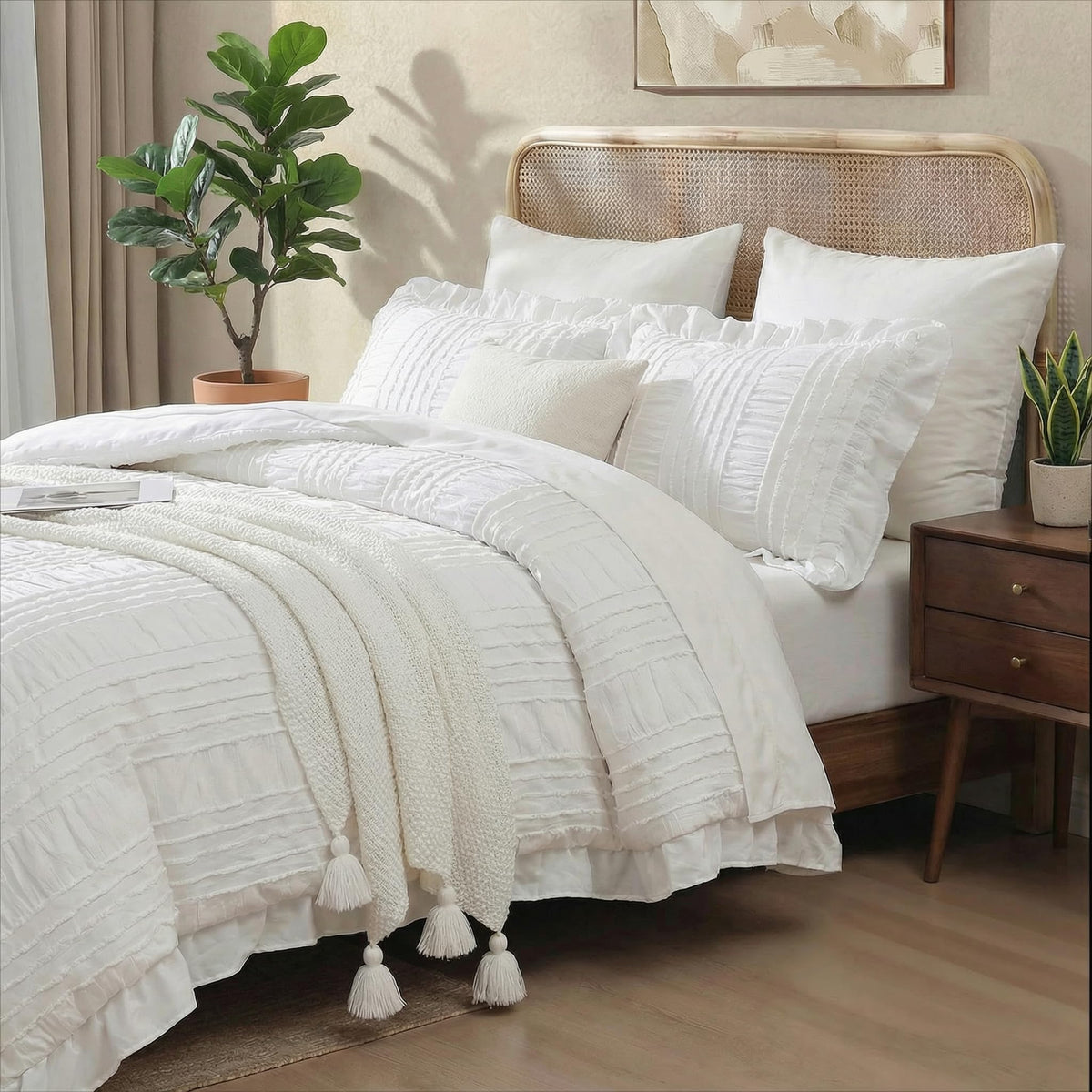 White Ruffle Comforter Set Boho Comforter Set 3 Pieces Ultra Soft Microfiber Seersucker Shabby Chic Bedding